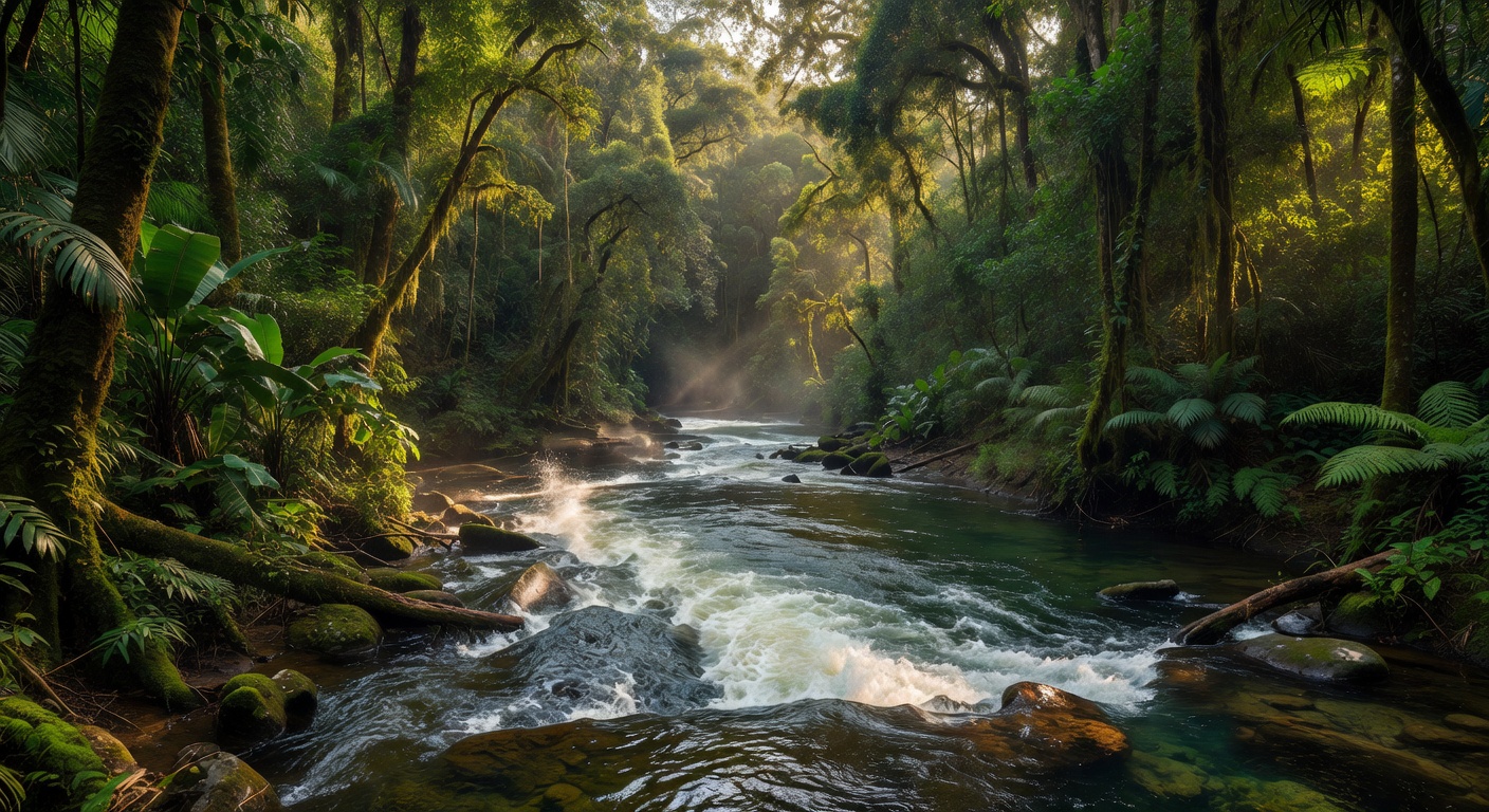 A flowing river running through a green forest