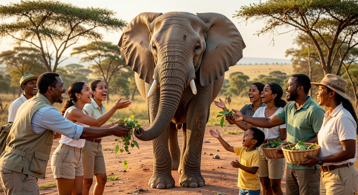 People feeding an elephant