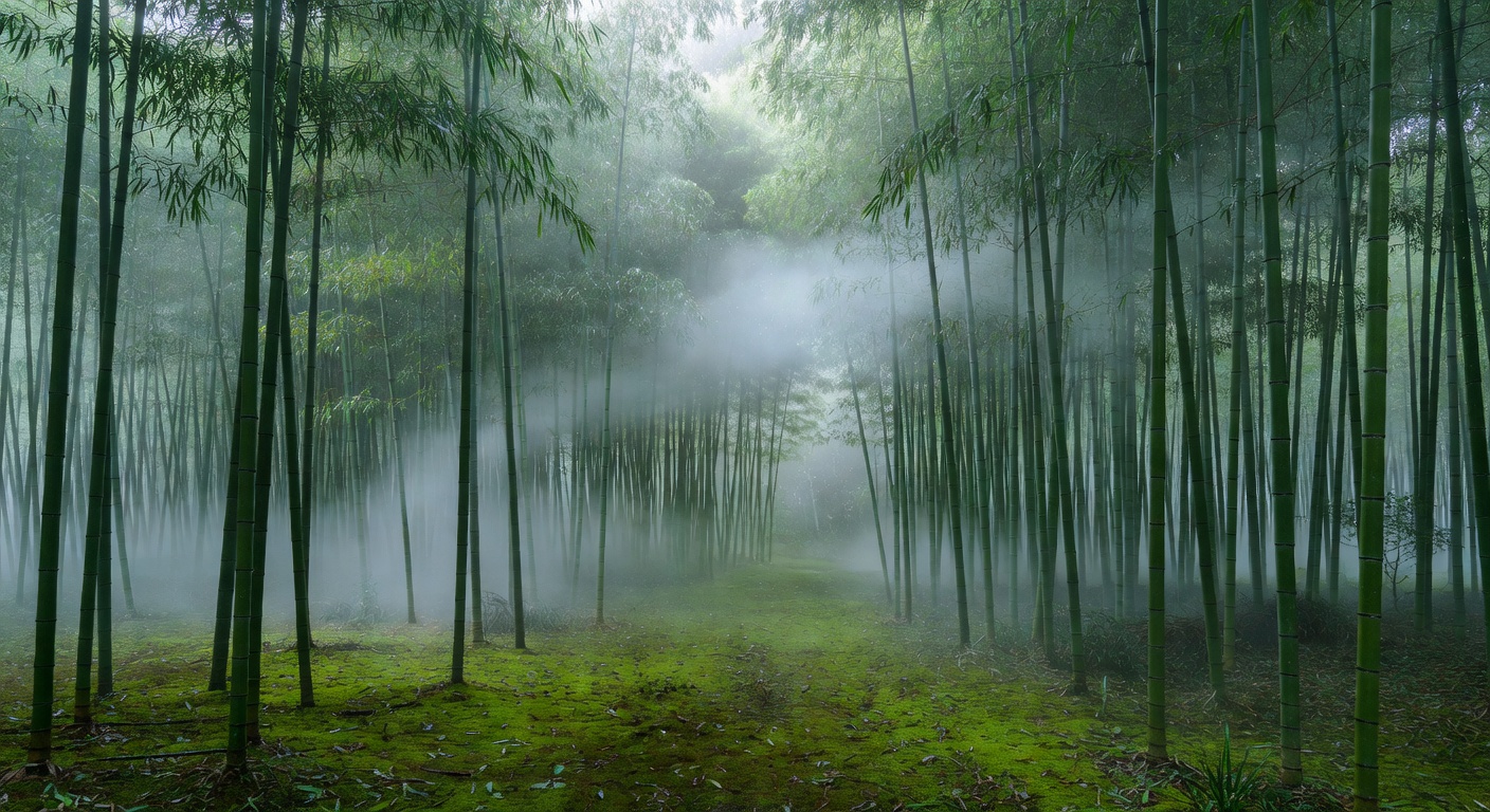 Tall green bamboo stalks in a misty forest