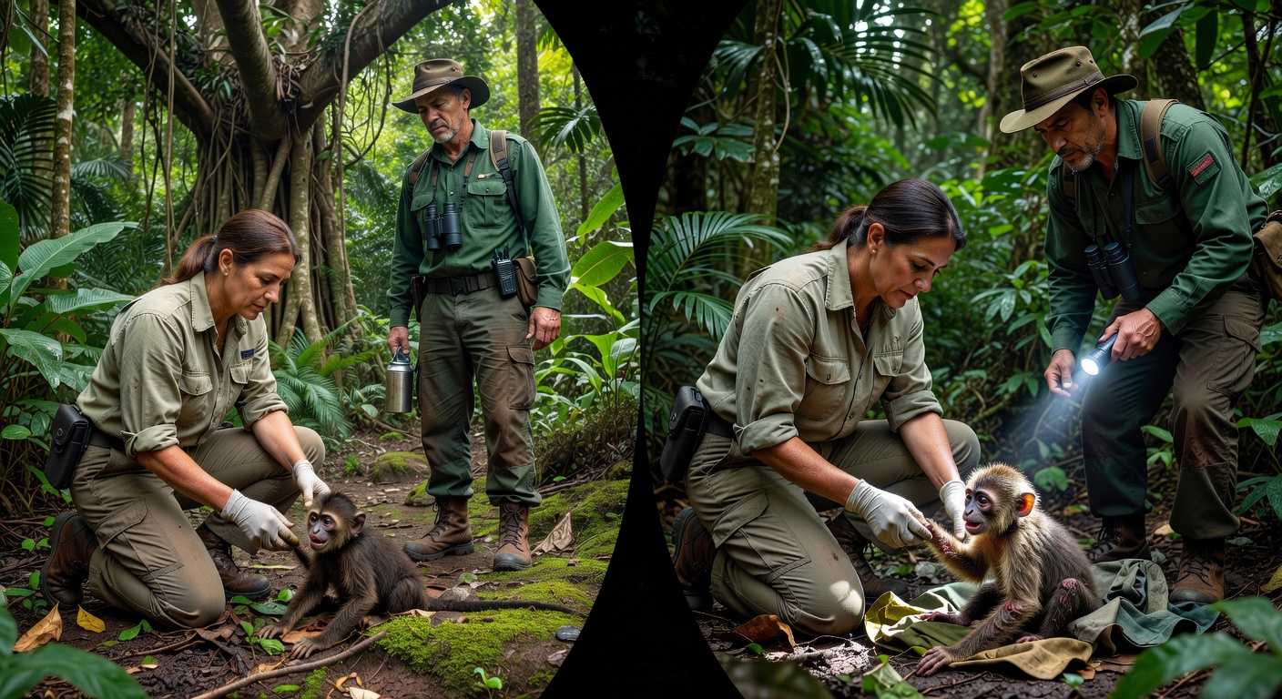 Veterinarian and ranger checking on a rescued animal in the jungle